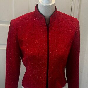 Vintage Jessica Howard Red Glitter Zip Jacket, Stand Collar, Sz 10
